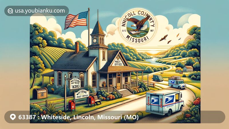Modern illustration of Whiteside Village, Lincoln County, Missouri, showcasing rural scenery and vintage post office with ZIP code 63387, highlighting community history and Missouri state flag.