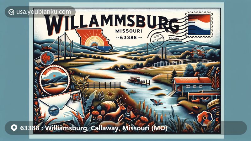 Modern illustration of Williamsburg, Missouri, highlighting local features and postal theme, showcasing Prairie Fork Conservation Area's natural beauty and emphasis on conservation and education. Includes creative postcard design with Missouri outline, location of Callaway County, Missouri River, and local flora and fauna symbols, integrating postal elements like Missouri flag stamp, envelope, and prominent ZIP code 63388. Contemporary and illustrative style for visual appeal on webpages.