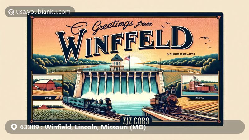 Illustration of Winfield, Missouri, featuring vintage-style postcard design with Lock and Dam No. 25 on the Upper Mississippi River, local farm landscape at sunset, vintage train, and Missouri state symbols.