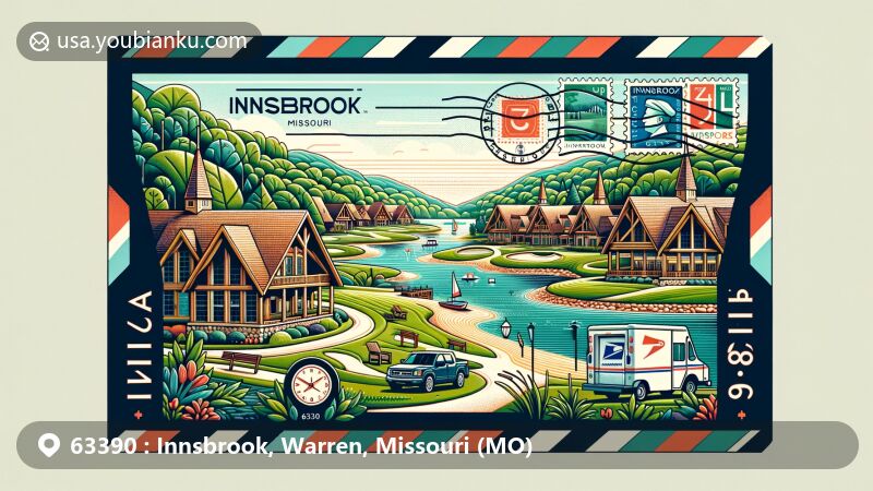 Modern illustration of Innsbrook, Warren County, Missouri, featuring Lake Aspen, A-frame chalets, and a golf course, integrated into an airmail envelope with postal elements and a postmark of ZIP code 63390.