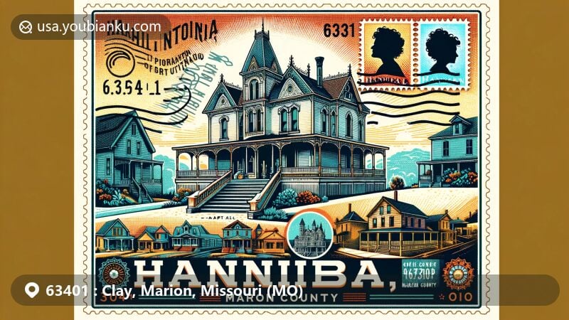 Illustration of ZIP Code 63401 in Hannibal, Missouri, showcasing Mark Twain's boyhood home, a cultural landmark of Hannibal, with postal elements and the spirit of the city's heritage.