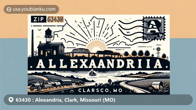 Modern illustration of Alexandria, Clark County, Missouri, featuring postal theme with ZIP code 63430, showcasing Mississippi River, Missouri landscape, and postal elements.