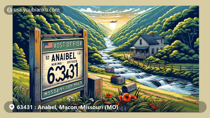 Modern illustration of Anabel, Missouri, showcasing its natural beauty and postal heritage, with rolling hills, forests, a waterfall, and hiking opportunities, alongside an old post office building and a hiking trail sign with ZIP code 63431.