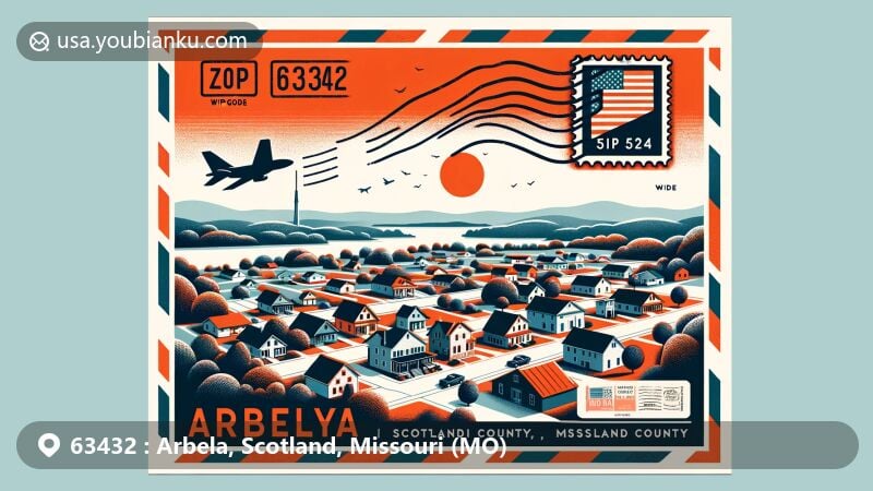 Modern illustration of Arbela, Scotland County, Missouri, capturing the essence of the rural village with postal elements and featuring aerial view layout, Missouri landscapes, and vintage postcard decorations.