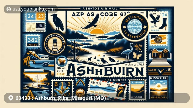 Wide-format illustration of Ashburn, Pike County, Missouri, portraying small-town charm and natural beauty including Ted Shanks Conservation Area. Vintage air mail envelope design with Missouri state flag, Pike County silhouette, and Ashburn symbols.