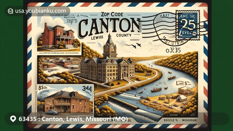 Modern illustration of Canton, Lewis County, Missouri, inspired by ZIP Code 63435, featuring Culver-Stockton College, the Mississippi River, Lewis Street Playhouse, and postal elements.