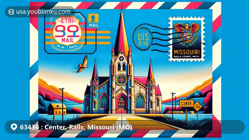 Modern illustration of St. Paul Catholic Church in Center, Ralls County, Missouri, with air mail envelope featuring ZIP code 63436 and Missouri Route 19 leading to Mark Twain Lake.
