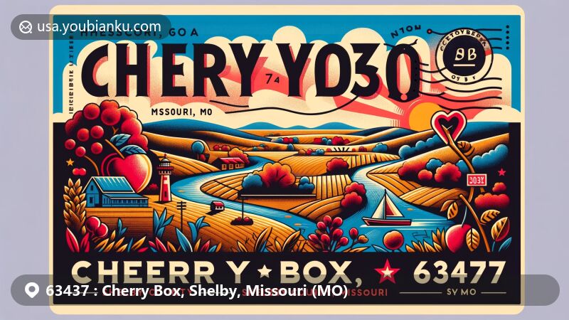 Modern illustration of Cherry Box, Shelby County, Missouri, featuring postal theme with ZIP code 63437, showcasing rolling landscapes and local flora/fauna, and incorporating vintage postage elements.