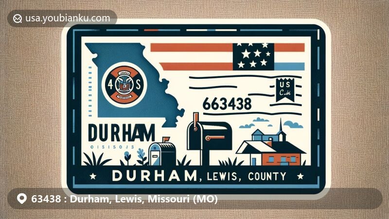 Modern illustration of Durham, Lewis County, Missouri, combining regional features with postal elements, including ZIP code 63438 and Missouri state flag.