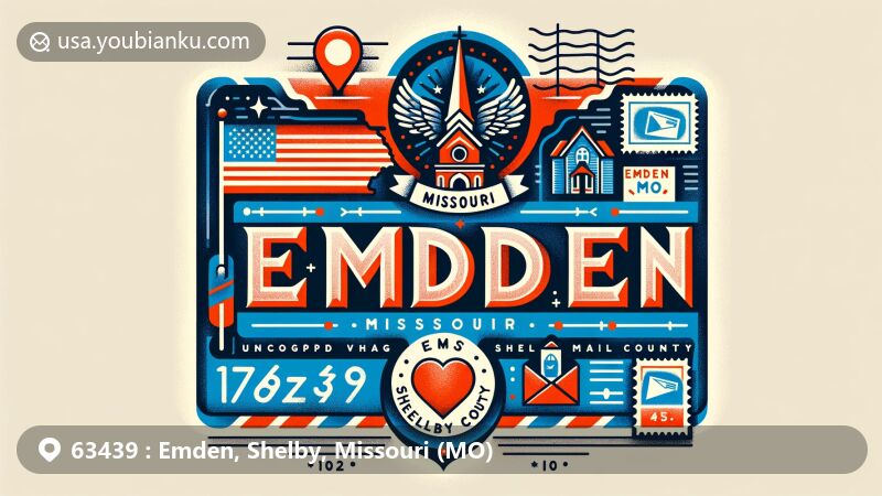 Modern illustration of Emden, Missouri, highlighting regional and postal themes with state flag, Shelby County outline, church, post office, air mail envelope, stamps, and postmark.