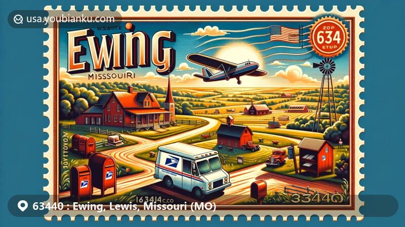 Modern illustration of Ewing, Lewis County, Missouri, showcasing postal theme with ZIP code 63440, featuring rural landscape and iconic postal elements.