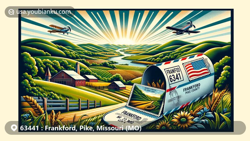 Modern illustration of Frankford, Pike County, Missouri, depicting the area's natural beauty with rolling hills and farmlands, showcasing a rural and tranquil Northern Missouri countryside.