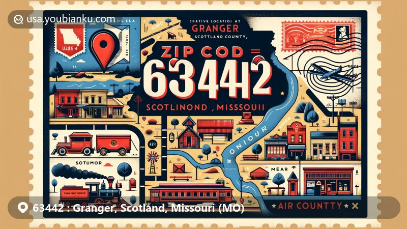 Modern illustration of Granger, Scotland County, Missouri, showcasing postal theme with ZIP code 63442, featuring vintage railroad, business district, and postal elements like a postage stamp, air mail envelope, and postal mark.