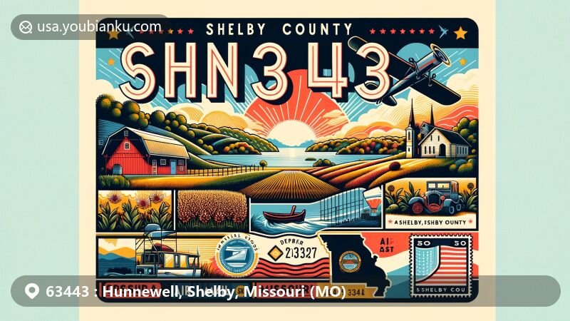 Modern illustration of Hunnewell, Shelby County, Missouri, featuring a map outline of Shelby County, rural Missouri landscapes, postal elements, the Missouri state flag, and Hunnewell Lake.