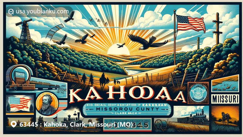 Modern illustration of Kahoka, Clark County, Missouri, styled as a digital postcard or air mail envelope, featuring lush hills, woodlands, and glacial plains. Includes Kahoka, MO 63445, Battle of Athens, Anti-Horse Thief Association, vintage stamp, 'Air Mail' mark, and state symbols.