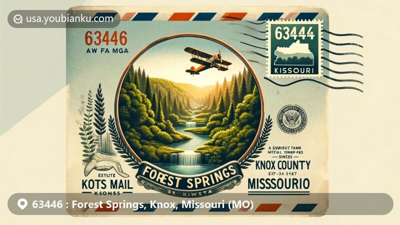 Modern illustration of Forest Springs, Knox County, Missouri, using vintage airmail envelope framework symbolizing communication and mail journey, showcasing natural spring, lush forests, and Missouri silhouette.