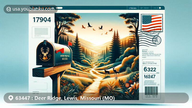 Modern illustration of Deer Ridge, Missouri, highlighting natural beauty of Deer Ridge Conservation Area and postal charm with ZIP code 63447, featuring scenic trail, iconic American mailbox, and deer silhouettes.