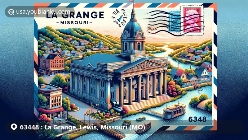 Modern illustration of La Grange, Missouri, Lewis County, with ZIP code 63448, showcasing a creative postcard design with postage elements, highlighting the confluence of Wyaconda and Mississippi Rivers, and Greek Revival architecture.