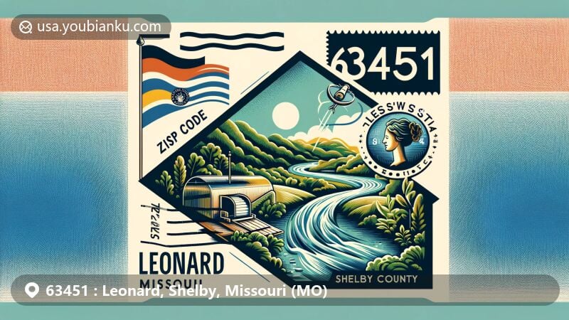 Modern illustration of Leonard, Shelby County, Missouri, featuring a retro-style airmail envelope with dynamic composition, showcasing Black Creek, Missouri state flag, and Shelby County map, highlighting postal identity with ZIP code 63451 and incorporating vintage postage stamps, postmark with '2024' date, and traditional mailboxes, surrounded by charming and humorous depictions of small-town life and local businesses.