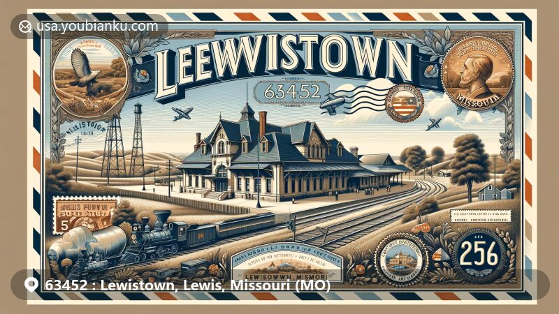 Modern illustration of Lewistown area in Lewis County, Missouri, featuring vintage airmail envelope with Lewistown station, Missouri state flag stamps, and postal motifs, capturing town's history and rural charm.