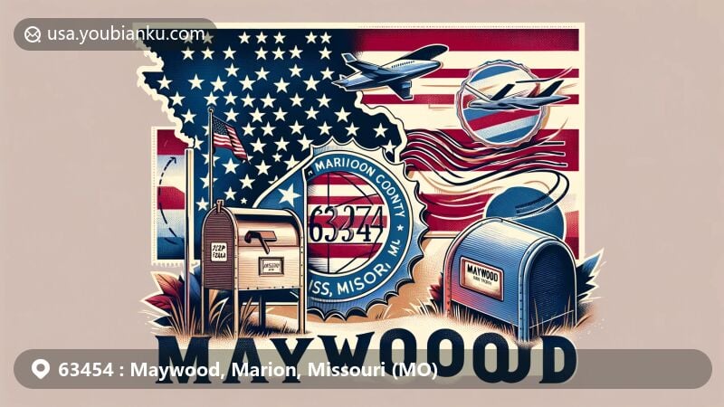 Modern illustration of Maywood, Marion County, Missouri, highlighting postal theme with ZIP code 63454, featuring elements of Missouri state flag and classic American mailbox.