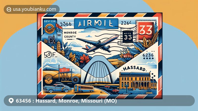 Modern illustration of Hassard, Monroe County, Missouri, with airmail envelope theme and ZIP code 63456, featuring Gateway Arch and postal service elements.