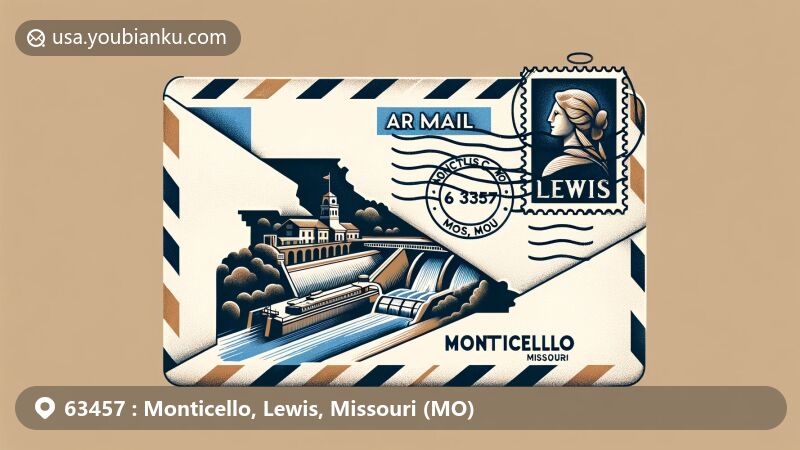 Modern illustration of Monticello, Lewis County, Missouri, showcasing air mail envelope background with Lock and Dam No. 20 Historic District stamp, and postmark 'Monticello, MO 63457'.