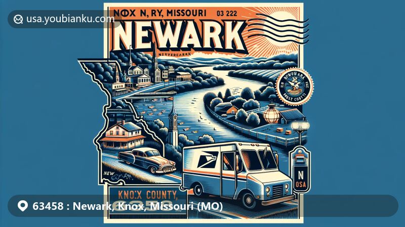 Modern illustration of Newark, Knox County, Missouri, showcasing postal theme with ZIP code 63458, featuring South Fabius River, Knox County outline, postal truck, mailbox, and stamp with Missouri state flag.