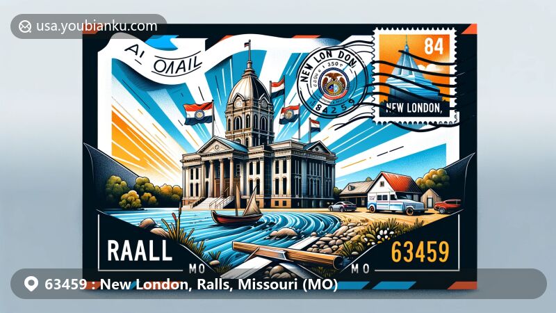 Modern illustration of New London, Ralls County, Missouri, showcasing regional and postal elements with Courthouse, state flag, and Salt River, creatively designed as an air mail envelope.
