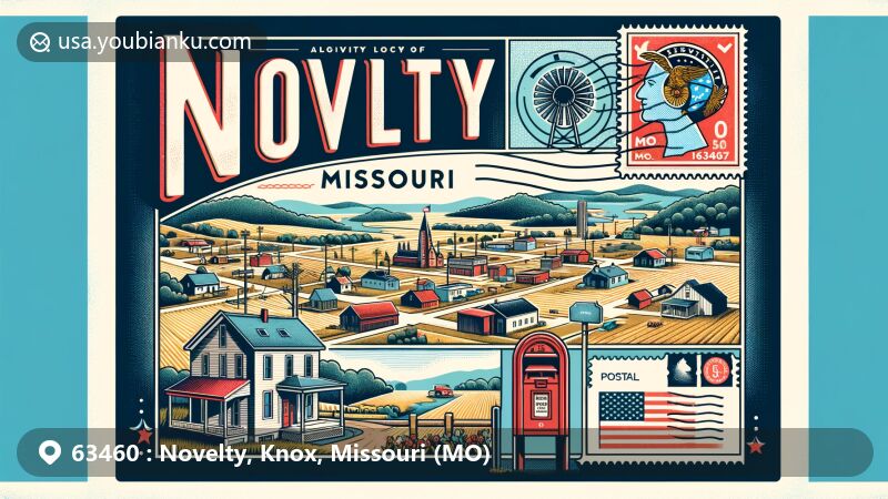 Modern illustration of Novelty, Knox County, Missouri, capturing the rural charm and community spirit with postal elements referencing ZIP code 63460, Missouri state flag, and Knox County outline.