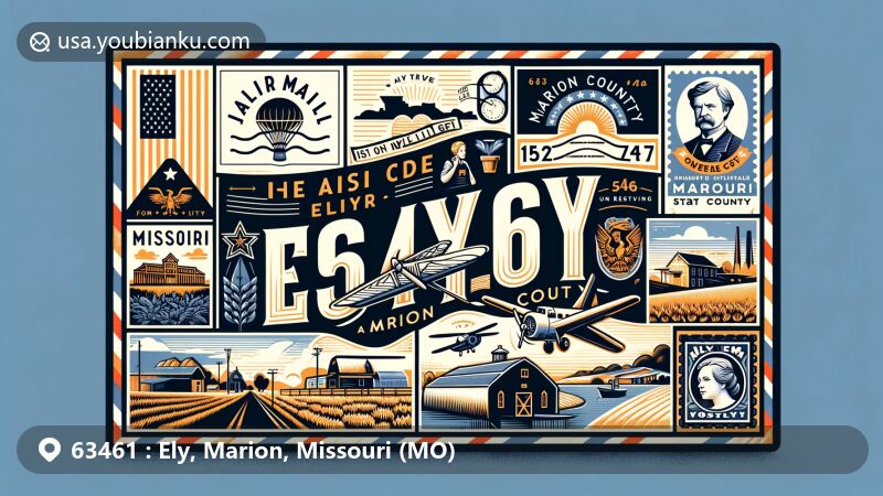 Modern illustration of Ely area, Marion County, Missouri, showcasing airmail envelope design with ZIP code 63461, Missouri state flag, Marion County outline, and symbolic representations of local culture and landmarks.