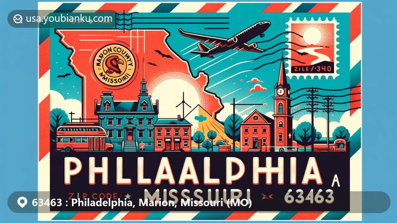 Modern illustration of Philadelphia, Marion County, Missouri, highlighting ZIP code 63463, featuring local landmarks and symbols with a vintage postal theme.