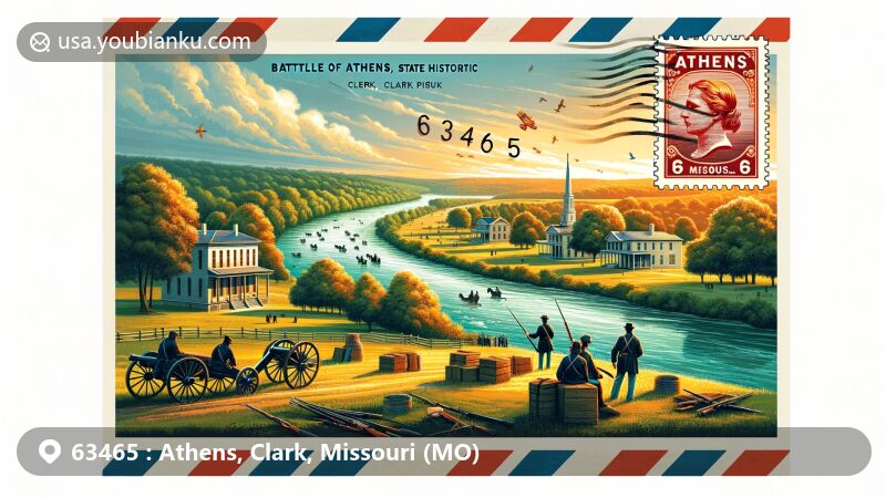 Modern illustration of Athens, Clark County, Missouri, capturing the essence of ZIP code 63465 with Battle of Athens State Historic Site, featuring historic buildings and scenic Des Moines River landscapes.