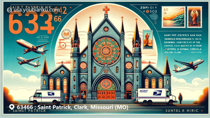 Modern illustration of Saint Patrick, Clark, Missouri, showcasing the iconic Shrine of Saint Patrick with Celtic design, airmail elements, and ZIP code 63466.