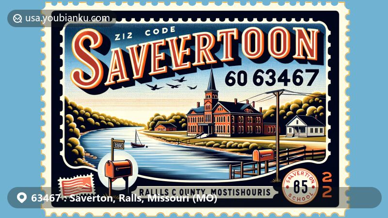 Modern illustration of Saverton, Ralls County, Missouri, showcasing postal theme with ZIP code 63467, featuring the Mississippi River and historic Saverton School.