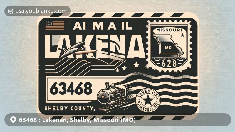 Modern illustration of Lakenan, Shelby County, Missouri, showcasing postal theme with ZIP code 63468, featuring vintage airmail envelope and stamp design incorporating Missouri state elements.