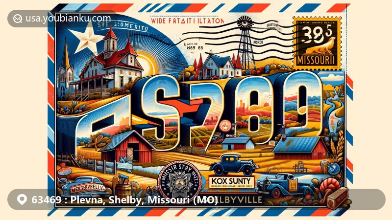 Modern illustration featuring Plevna community in Knox County and nearby Shelbyville city in Shelby County, Missouri, with postal code 63469, showcasing iconic landmarks or cultural symbols of Plevna, elements representing Shelbyville, Missouri state flag, vintage postal elements like stamps and marks, and prominently displayed 