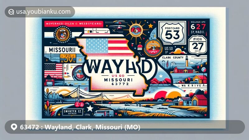 Modern illustration of Wayland, Missouri, in Clark County, featuring symbols of Missouri, US Route 136, Fox River, postmark, and postal elements for ZIP code 63472, highlighting geographical location and postal culture.
