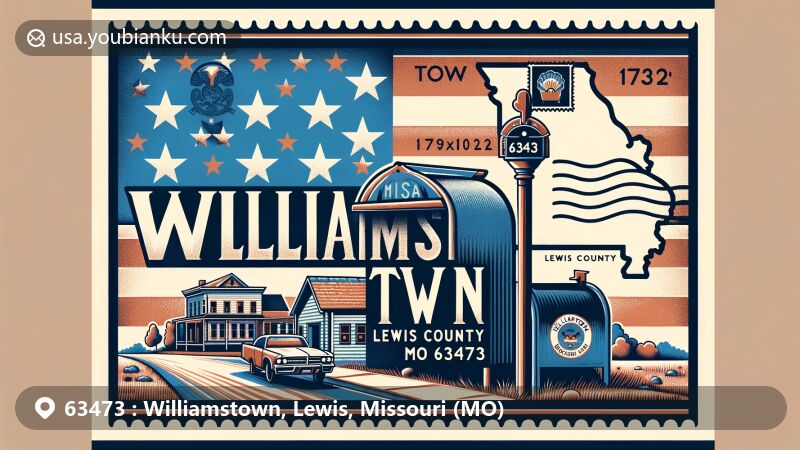 Modern illustration of Williamstown, Missouri, featuring the state flag and postal elements with ZIP code 63473, capturing the essence of American rural charm.
