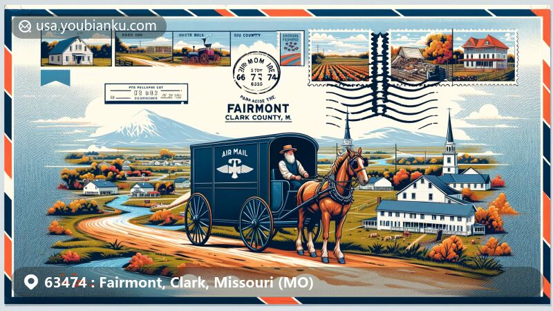 Modern illustration of Fairmont area, Clark County, Missouri, showcasing postal theme with ZIP code 63474, featuring Amish community scene with horse-drawn carriage, homemade goods, and rural lifestyle.