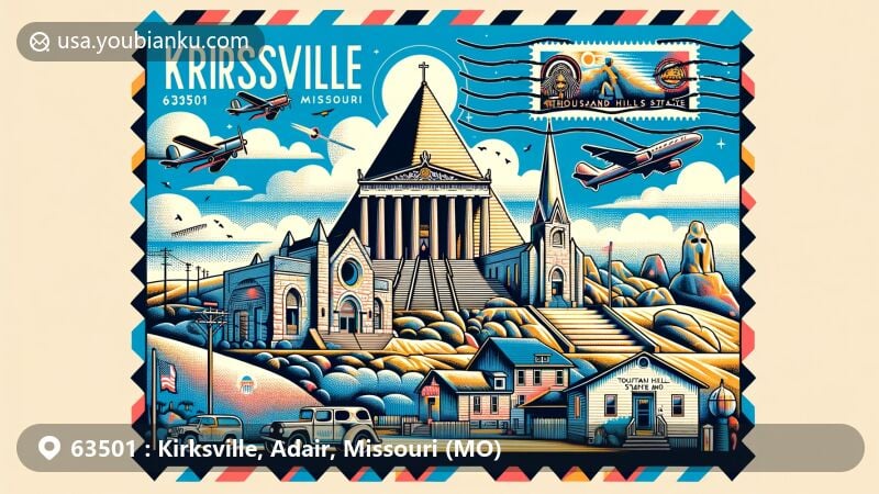 Modern illustration of Kirksville, Adair County, Missouri, featuring Masonic Temple in Egyptian Revival style, St. Mary's Church in Romanesque Revival style, and Thousand Hills State Park with petroglyphs archaeological site.