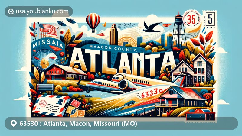 Modern illustration of Atlanta, Macon County, Missouri, showcasing postal theme with ZIP code 63530, featuring rural charm and small-town allure, vintage postcard elements, stamps, postmark, and Missouri's natural beauty.