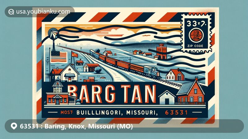 Modern illustration of Baring, Missouri, in the ZIP code area of 63531, featuring Burlington Northern and Santa Fe railroad, small community vibe, Missouri state flag, postal stamp with ZIP code, and rural northern Missouri landscape.
