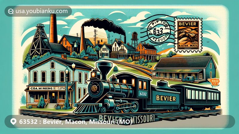 Modern illustration of Bevier, Macon County, Missouri, showcasing coal mining heritage and railroad connection, featuring Bevier Black Diamond Museum and vintage train, with a postal theme and ZIP code 63532.