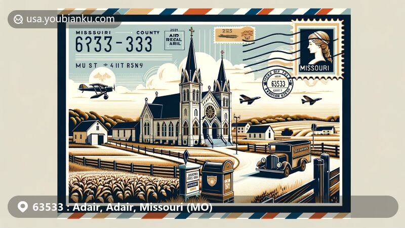 Modern illustration of Adair, Missouri, with ZIP code 63533, featuring St. Mary's Church, farmlands, the Chariton River, and Irish heritage of early settlers, highlighted with postal symbols like a Missouri state flag postage stamp and ZIP code 63533 postal mark.