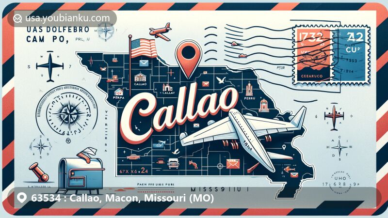 Modern illustration of a beautifully designed airmail envelope or postcard, featuring the map outline of Callao, Macon County, Missouri, with incorporation of symbols from Peru's Callao to commemorate the unique story behind the town's name. The postcard prominently displays ZIP Code 63534, along with postal-themed elements like postmarks and mailboxes, blending regional and postal characteristics seamlessly. This contemporary illustration style is ideal for web usage, showcasing creativity and visual appeal, accurately capturing the charm and postal culture of Callao town.