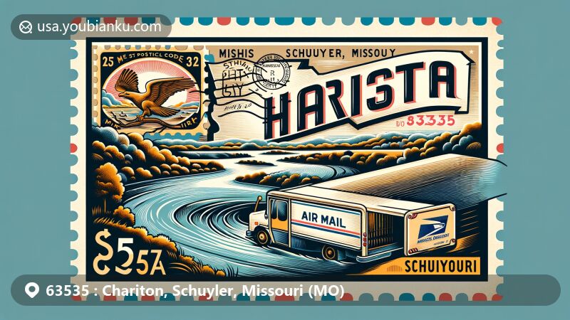 Modern illustration of Chariton and Schuyler areas in Missouri, featuring the Chariton River and vintage air mail theme with a Missouri state flag stamp.