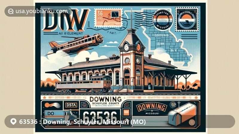 Modern illustration of Downing, Schuyler County, Missouri, featuring the iconic Depot Museum in a vintage air mail theme with Missouri state flag stamp, Downling postmark, and postal symbols.