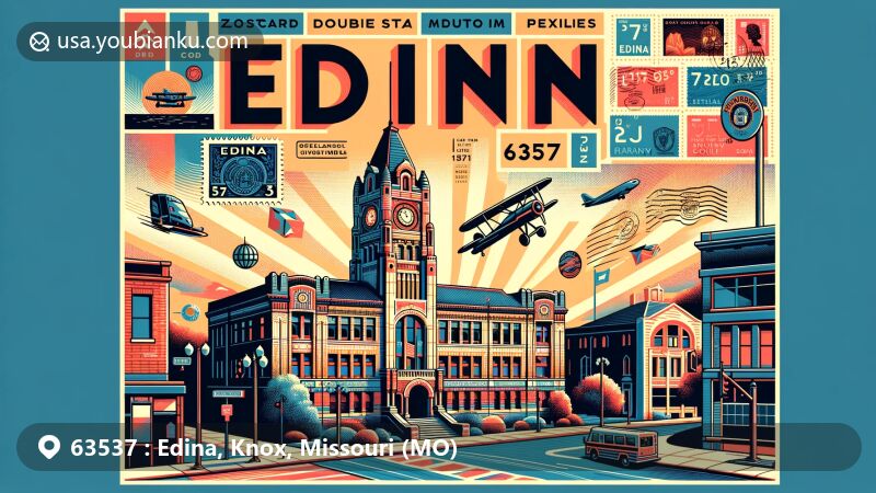 Modern illustration of Edina, Missouri, showcasing Double Square Historic District with Italianate and Streamline Moderne architecture, featuring Knox County Courthouse and postal elements with ZIP code 63537.