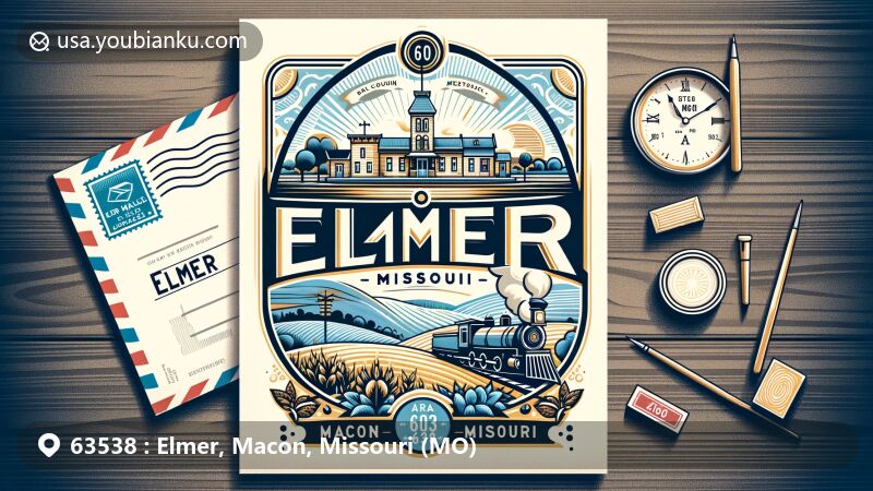 Modern illustration of Elmer, Missouri, showcasing postal theme with ZIP code 63538, featuring vintage postcard layout, stamp, postal mark, and area code 660, and symbol of Atchison, Topeka, and Santa Fe Railway.